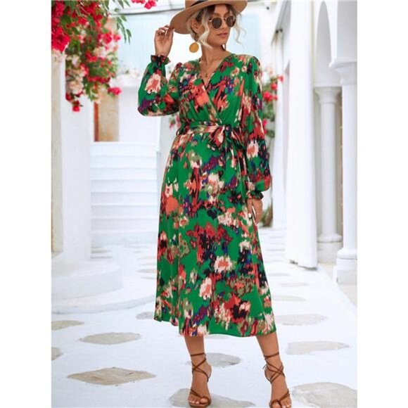 Printed Surplice Long Sleeve Midi Dress - Picture 5 of 11